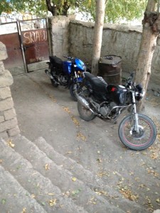 The pulsar bikes, inside the gates for safer keeping though getting them across a dirt and up a dirt path was a pain.