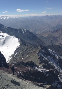 Sitting just below the summit on the first wide ground I find after a winding spirit over some nerve wracking scree, I capture the German making his way just behind.