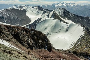 After an hour or so on high, I carefully start down the loose scree, cognizant that "one slip and you're out of there". Photo courtesy of Ken Tatschdis.