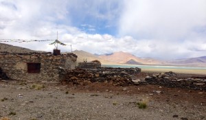 Nomads seasonal home at Tso Kar with dry yak dung staked along its stone walls.