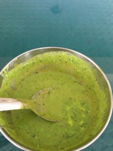 Pudina chutney, "made with mint coriander, cumin, yogurt and a bunch of other yummy spices." Spicy and cool and tangy, a delicious Kashmiri dish.