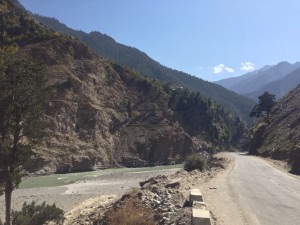 Following the Sutlej River on the north side after crossing 6 km south of Khab, I am now running west southwest towards Shimla. The country is very different from Spiti; very wide and green allow the road to stay alongside the river though at times it overruns and takes out section of road according to LP.