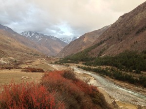 Looking east upriver of the Baspa, its source glaciers only 20-30 km further up in the Garhwal Himalayas. The local school is past town this way a km Im told by a teacher who stops by the guesthouse to visits with the owner.