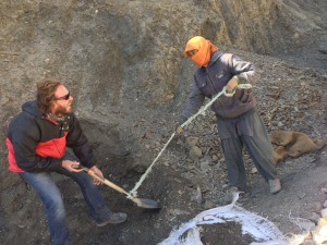 1 of 4. Road workers, including a handful of women, remove dirt using shovels and a bag. I tease here that 'America helps build roads', a play on the nickname of America as called by the German in Leh. They two use two people to help lift the shovel, and the process had a cadence to it so that in frame 4 I throw dirt back where I took it from in a hypnotic swing.
