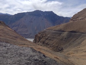 The gorge at Hikkim, the Spiti in the background, the road following it around on the right. Some sections of the road up here within a half km of town were poured with concrete so you could have roller skated on it, though Im not even sure this is the primary means of ingress and egress; I came in the back way.