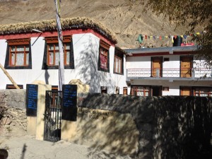 A guesthouse in Tabo. It is outside of any tourist season and cold inside the house at night with a VERY cold shower. A long term european with an interest in the prayer chamber had been here since the summer started, and we take espresso together when I arrive in the warm afternoon. I am able to eat nearby. The tiny streets are busy in the morning with high school aged kids on their way to school as I take honey porridge.