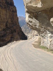 Looking forward: The Satluj River below me to the right (I am on the north side still), rock overhead.
