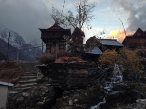 Underexposed, a series of houses sit along the crest while the November sun sets in the west behind. The village of Chitkul sits in the Sangla valley with impassable mountains on both the north and south, though it appears a jeep trail may cut both directions just a bit further east of town. Modern stairs and walks accommodate visitors and walks projects seem to be common in India. Other modern and quasi engineered infrastructure includes water channels though a wooden waterwheel was thankfully not bypassed.