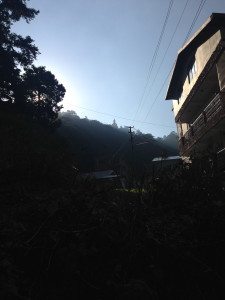 The monkey god in the distance in the morning. I am on my way to see it up close.
