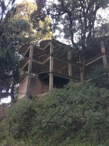 Slow going consturction but bound to last, a concerte and brick infilled dwelling high along a hill on the way to see the tallest monkey.